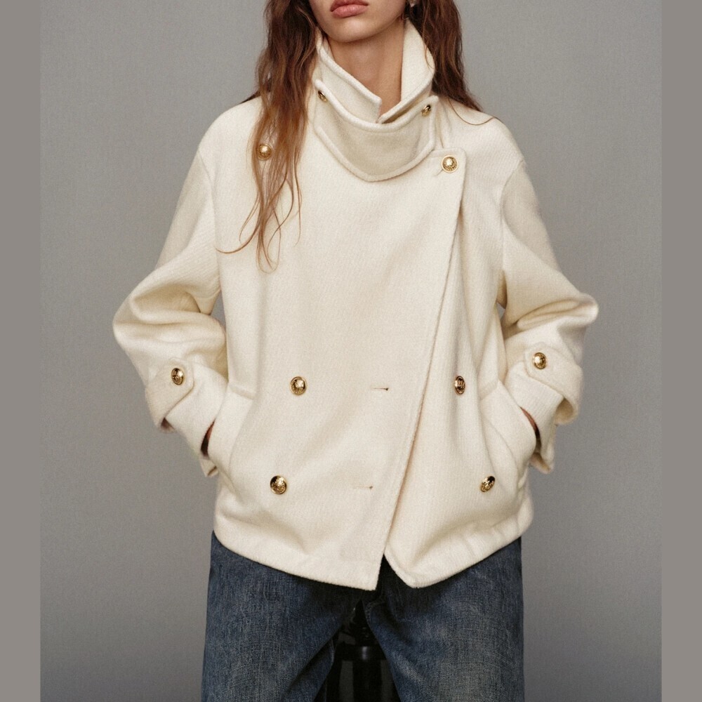Cream Double Breasted Gold Button Brushed Twill Peacoat with Funnel Collar